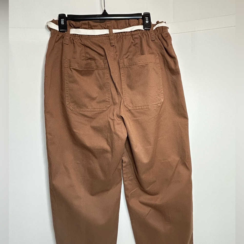 LOFT Soft Brown Straight Leg Pants with Cream Tie. Zip & Button Closure - Picture 3 of 13